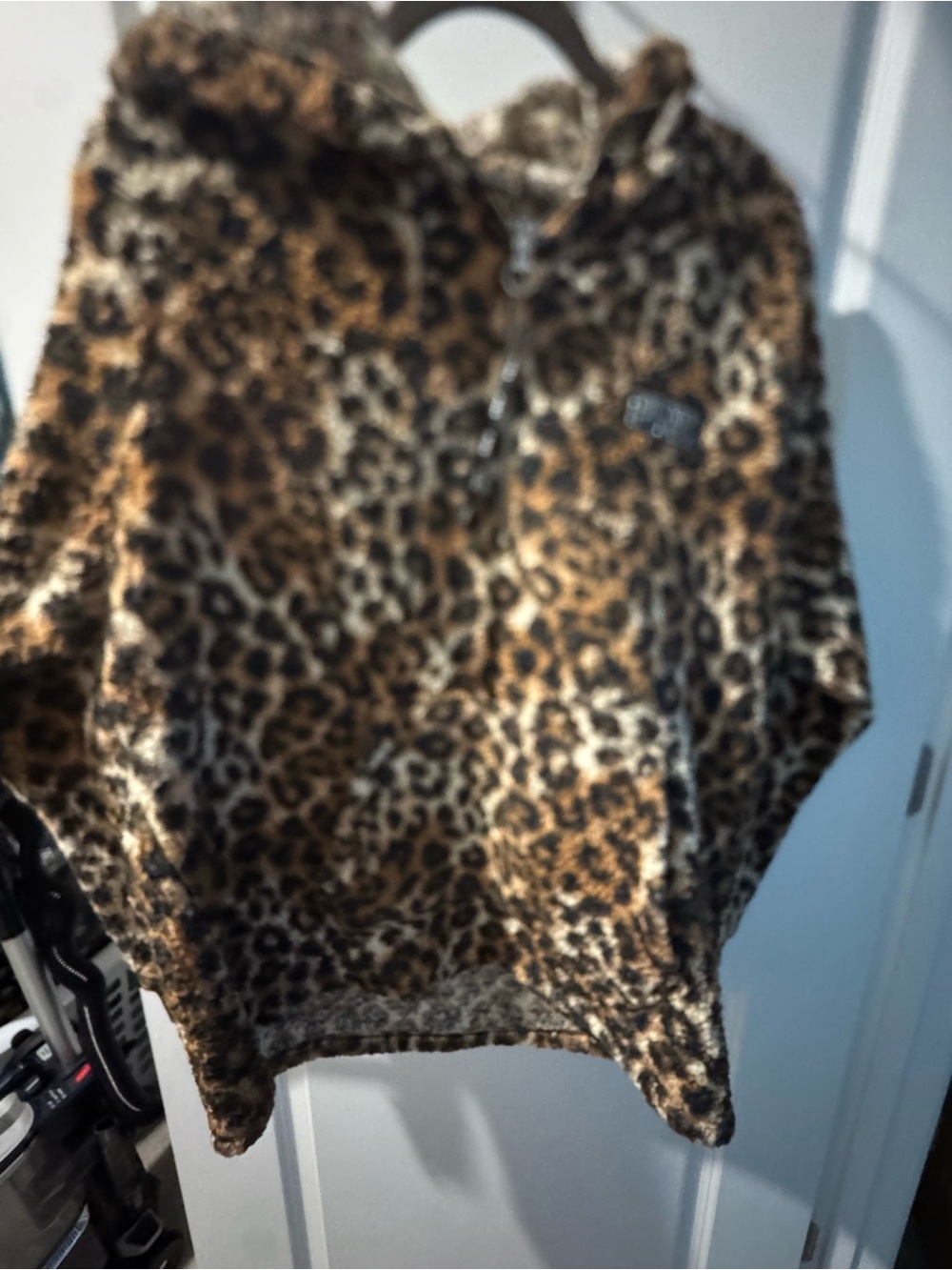 Leopard Print Sherpa Fuzzy Hooded Sweater - Brown Size Large